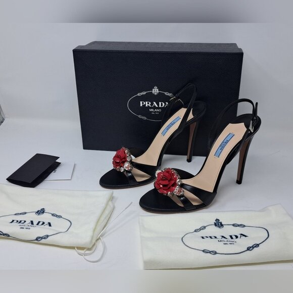 Prada Shoes - NWOT Prada Women's Black Red Rose Crystals Slingback Sandals Heels 39 EU 9 US